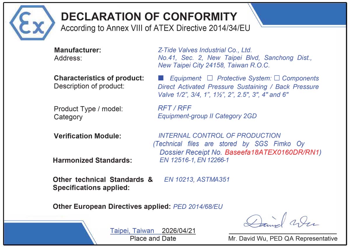 ATEX-certified Z-Tide Direct Acting Pressure Sustaining Valve